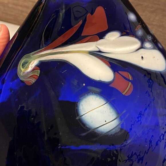 Loren Chapman Vintage Signed Cobalt Blue Blown Glass Swirl Freeform Vase 1983 - Picture 5 of 9